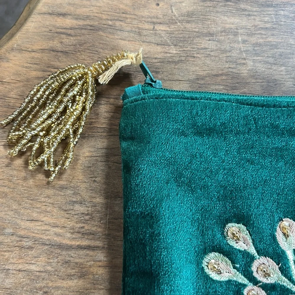 Emerald Green small pouch makeup bag with “s” jeweled and floral